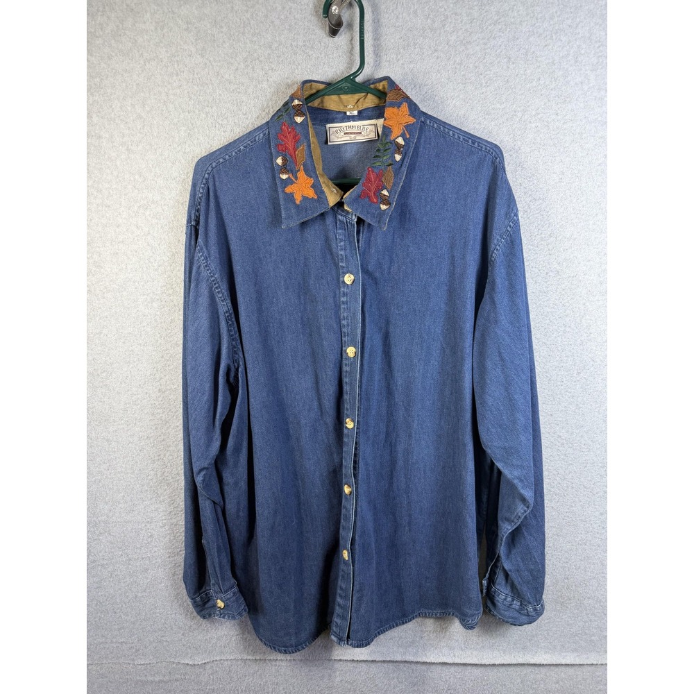 Rhythm Blue Shirt Womens XL Blue Denim Embroidered Holiday Collar Button Up